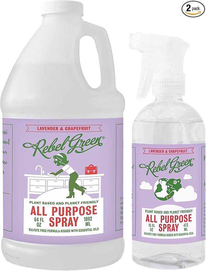 Rebel Green Natural All Purpose Cleaning Spray | Multi purpose Cleaner for Home & Kitchen | Eco-Chic Multi Surface Cleaner with Essential Oils (Lavender & Grapefruit, 16.00 Fl Oz & 64.00 Fl Oz Refill)