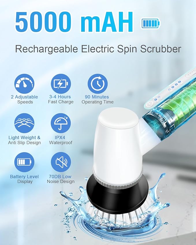 Electric Spin Scrubber Bathroom Scrubber - Cordless Shower Scrubber with Adjustable Handle, 2 Speeds, Bathroom Scrubber with 8 Replaceable Brush Heads, Power Scrubber for Bathroom Bathtub Cleaning