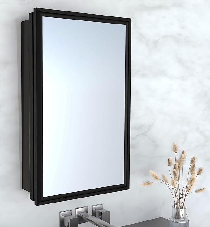 Bathroom Medicine Cabinet with Mirror, Recess or Surface Mount, Single Door Cabinet Famerhouse Bathroom Mirror with Storage Cabinet (Brush Black, 16"x26")