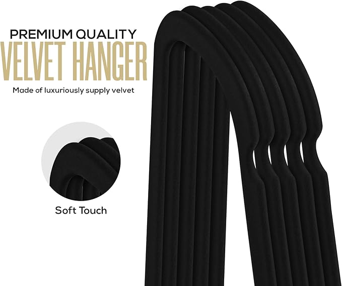 Utopia Home Premium Velvet Hangers 20 Pack - Non-Slip Clothes Hanger with Tie Bar - Black Hangers with 360 Degree Rotatable Hook - Heavy Duty Coat Hanger