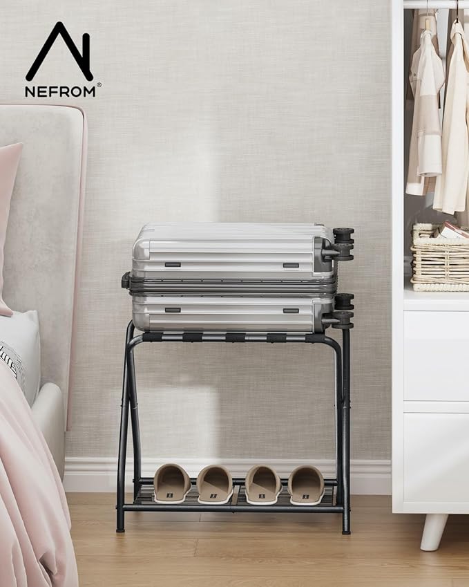 Set of 2 Foldable Black Luggage Rack Stands with Storage Shelves – Heavy Duty Metal Holders, 150 lbs Top, 50 lbs Bottom Each, Fits 20”-28” Luggage – Guest Room, Bedroom, Hotel LR-BK-2