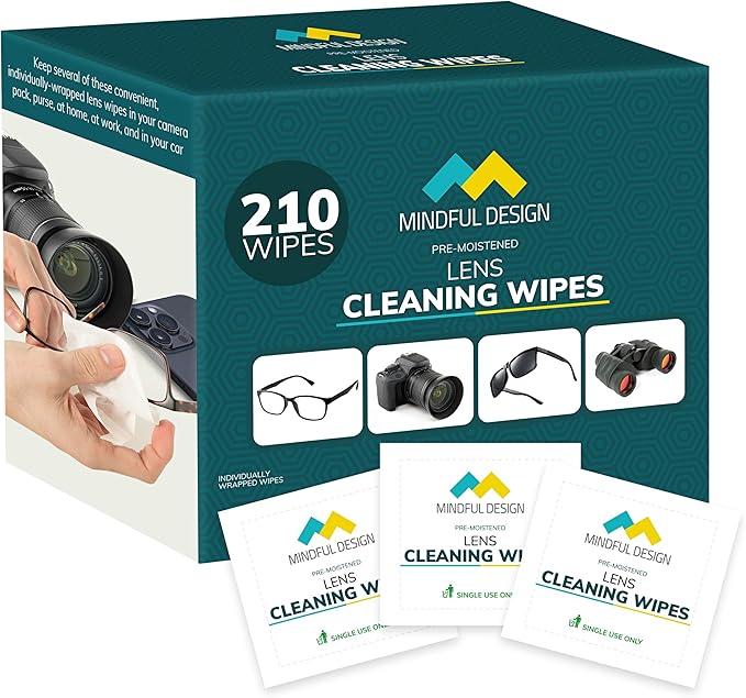 Mindful Design Lens Cleaning Wipes for Eyeglasses, 210ct - Individually Wrapped, Eye Glass Cleaning, Lens Wipes for Glasses/Sunglasses, Packaging May Vary