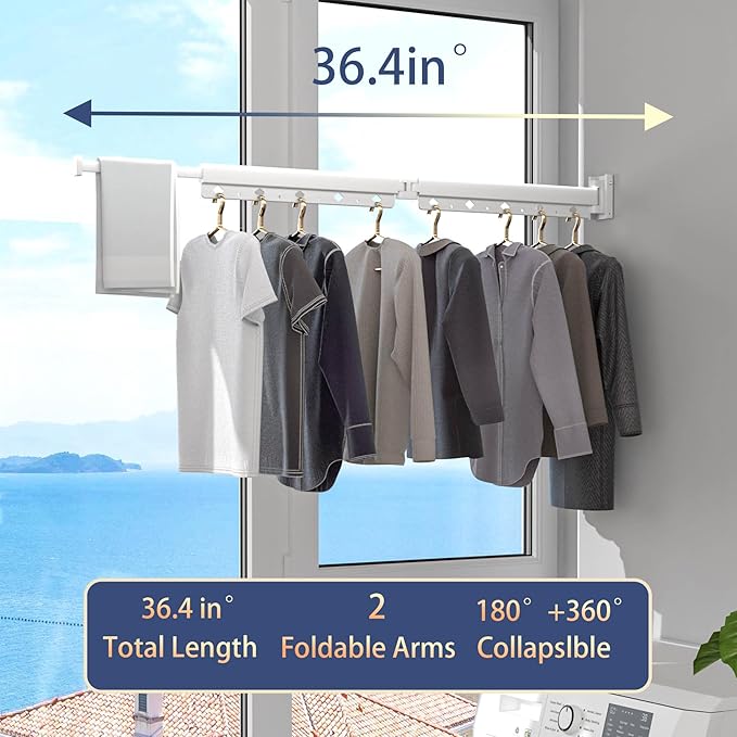 Clothes Drying Rack, Retractable and Foldable Laundry Drying Rack Wall Mount for Indoor, Space Saver Clothes Hanging Rack for Laundry Room, Balcony, Closet, Bedroom(Double-Fold),White