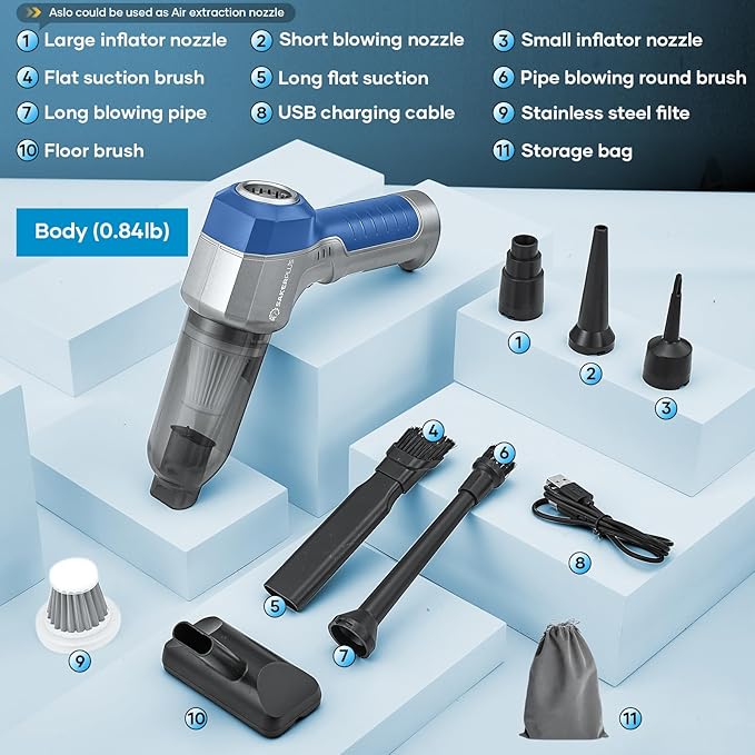Mini Vacuum Cleaner, 3 in 1 Car Vacuum Cleaner High Power, 15000PA Powerful Suction, Air Duster, 7500mAh, Adjustable Small Vaccum Portable Cordless for Cars,Desktop,Home- Light Blue