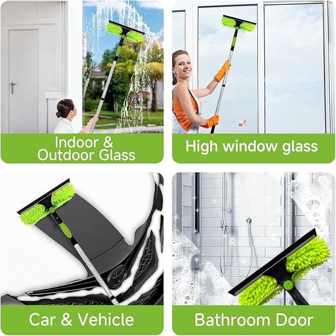 Professional 152" Window Squeegee Cleaner Tool with Extension Pole, 2-in-1 Squeegee for Window Cleaning Kit with Scrubber and Rotating Head, Window Cleaner for Car, Sliding Door, Shower Glass Door