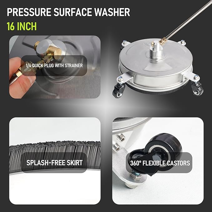 Hourleey 16" Pressure Washer Surface Cleaner, Stainless Steel Surface Cleaner with 4 Wheels for Concrete, Patio, Sidewalk, Deck, Pathway 1/4" Quick Connector, 2 Extension Wand, 4000 PSI