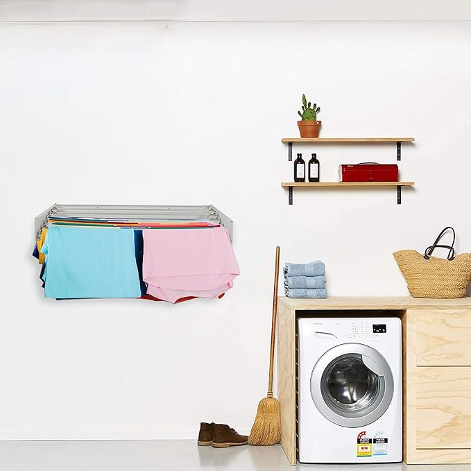 Step Up Laundry Drying Rack (40-INCH Wide - Wood-Look), Wall Mounted, Retractable Clothes Drying Rack, 60lbs Capacity, 20 Linear Ft, with Wall Template and Long Screwdriver Bit