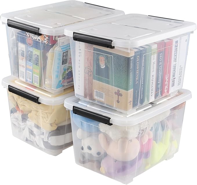 Farmoon 4 Pack 30 Quart Plastic Latching Storage Box Bin with Wheels, Clear