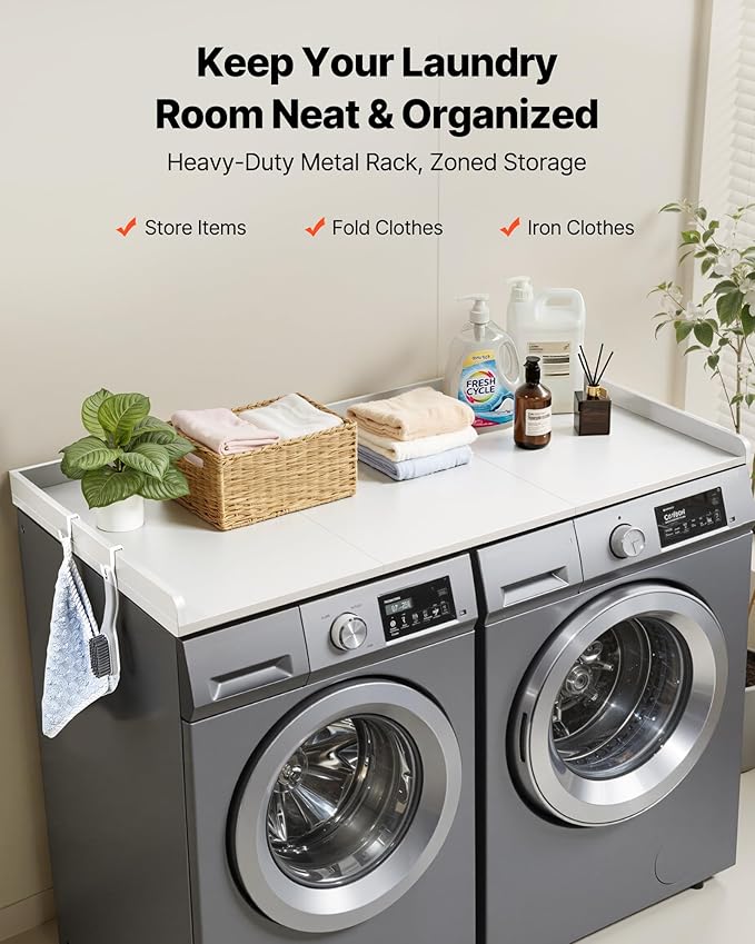 VEVOR Washer Dryer Countertop with 3 Splicing Panels, 54" x 27" Wooden Washer and Dryer Countertop with 2 Hooks, Water-Resistant Laundry Topper for Laundry Room Organization and Storage, White
