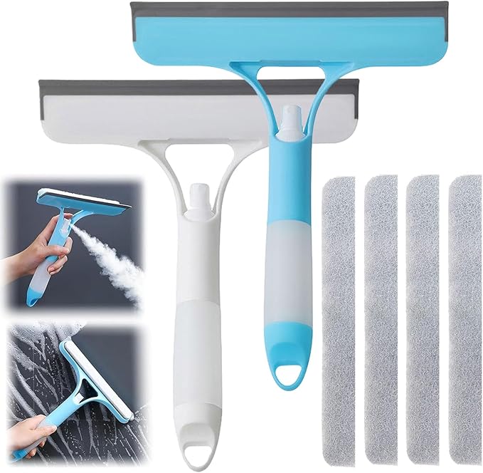 2 Pack 3 in 1 Window Cleaning Scraper, 3 in 1 Spray Squeegee, Window Squeegee Cleaner Tool with Built-in Spray Bottle and 4 Replaceable Sponges for Car Home Windows Glass and Tiles Etc