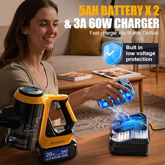 Ecarke Cordless Stick Vacuum Cleaner Compatible with DeWalt Battery, 350W Brushless Motor, 30KPa Suction, 6-in-1 180° Bendable Wand, Smart Screen 2x5AH Batteries & Charger – Hardwood Floors