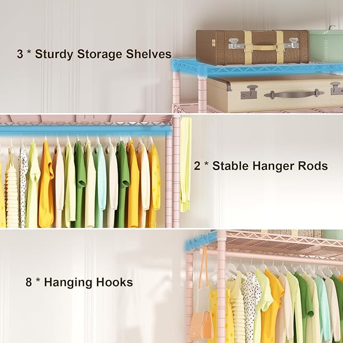 P3 Rolling Clothes Rack, Clothing Racks for Hanging Clothes, Heavy Duty Garment Rack with Wheels, Freestanding Portable Closet Organizer 39.4''W x 14''D x 78.5''H, Max Load 464 LBS, Pink