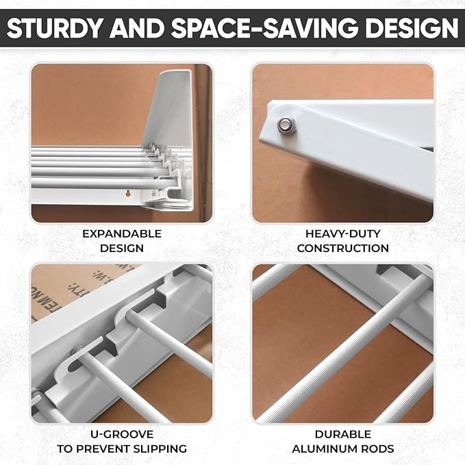Wall Mounted Laundry Drying Rack, Retractable Clothes Drying Rack, 6 Rods Towel Drying Rack with Wall Template for Installation, Magnetic Dryer Ball Holder with Dryer Balls, White