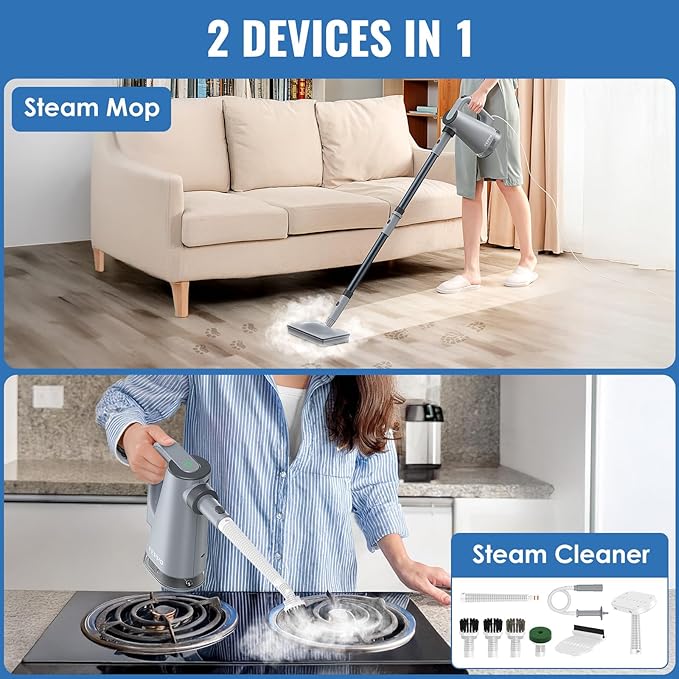FEPPO Steam Mop with Detachable Handheld Steam Cleaner for Home and Floor Cleaning, 10-in-1 Multi-purpose Attachments & 2 Pads, Powerful Steamer for Floors, Hardwood, Tiles,Grout,Windows,Kitchen,Bath