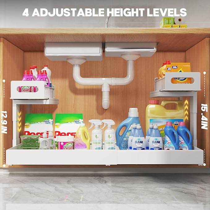 1 Pack-19"-32"W Expandable Under Sink Organizer With Upgrade Ball-Bearing Slide,2-Tier Pull Out Under Cabinet Organizer Height Adjustable,Not Suitable For Cabinets With Partitions In The Middle