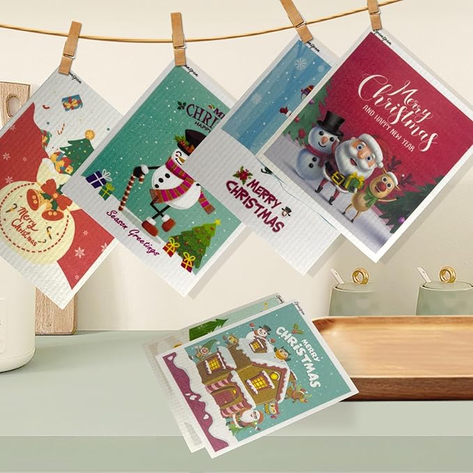 6 - Pack Swedish Kitchen Dish Cloths - Reusable Paper Towels for Counters & Dishes - Eco Friendly Cellulose Sponge Cloth - Assorted (Xmas)