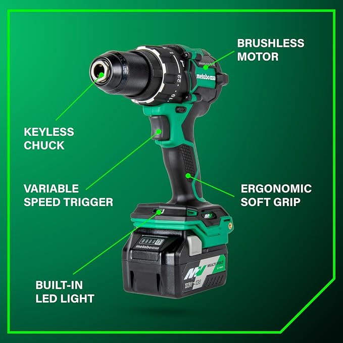 Metabo HPT 36V MultiVolt™ Cordless Brushless 1/2" Hammer Drill Kit, Power Drill Kit with Lithium-Ion Metabo Batteries , Case and Charger, Compact Lightweight Power Tool, DV36DC