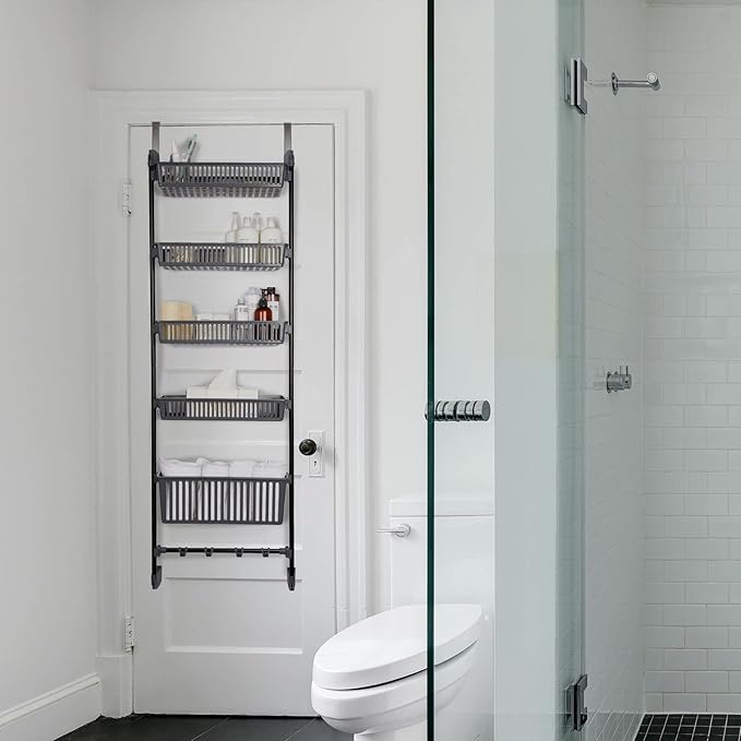 Household Essentials Household Essentials Over the Door Basket Storage Rack, Gray and Black