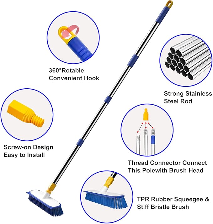 ITTAR 12" Wide Floor Scrub Brush with Long Handle, 2-in-1 Deck Cleaning Brush with 55" Extendable Pole, Heavy-Duty Tub Tile Scrubber Cleaner Brush for Shower Floor, Kitchen, Patio, Garage, Restaurant