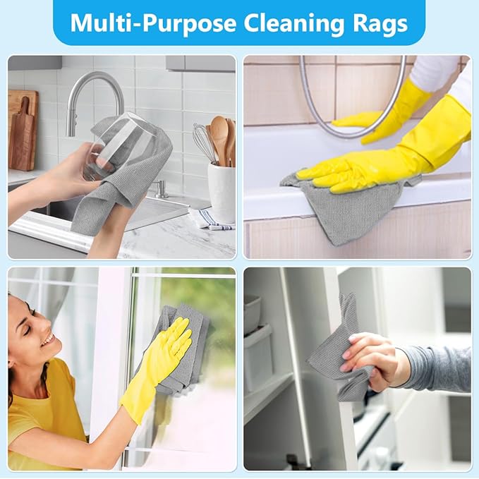 GLIMGLINT Microfiber Cleaning Cloth, 100 Pack Cleaning Rags, Lint-Free, Ultra Absorbent Reusable Paper Towels for Home, Kitchen, Car, Garage or Shop, Dish Rags, 11" x 9", Grey