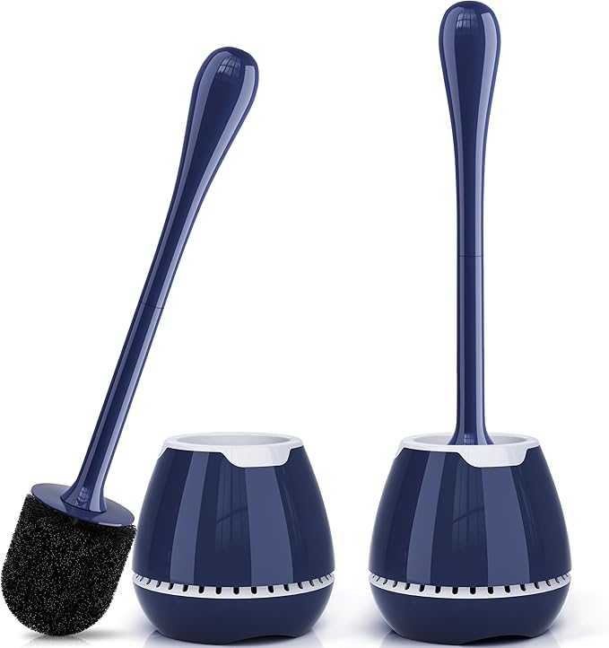 UPTRONIC Toilet Brush 2 Pack, Blue, Nylon Bristles, Ergonomic Handle, Ventilated Holder, Bathroom Cleaning