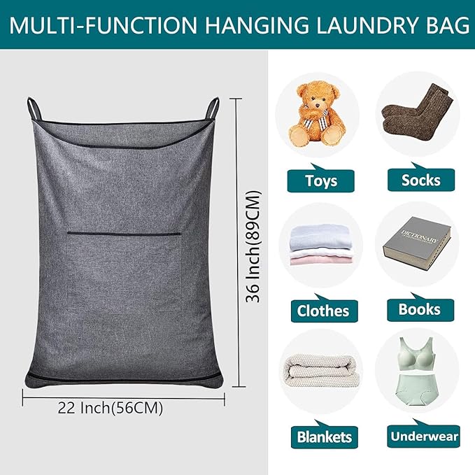 XL Hanging Hamper, Over The Door Hamper with Free Hanging Hooks, Space Saving Over Door Laundry Bag and Laundry Basket for Storage, 2 Pack, (36x22Inch Pop Heather Grey)