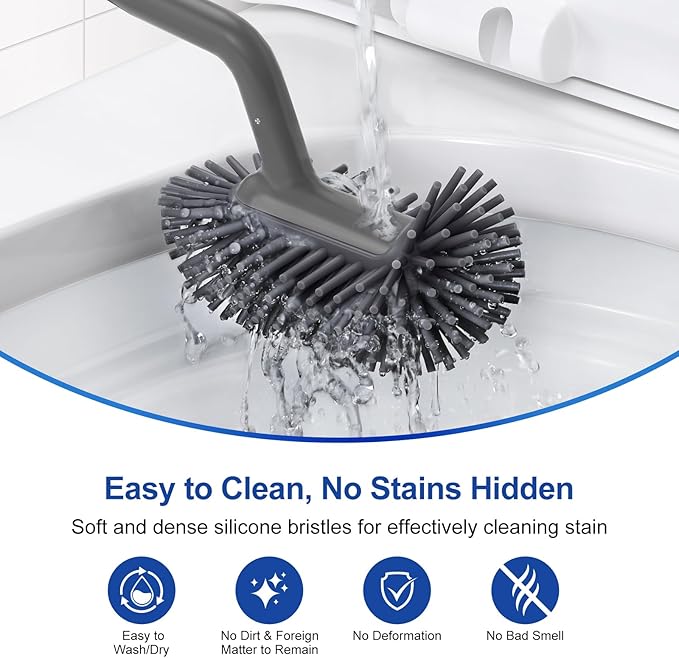 HAMITOR Toilet Bowl Brush Holder Set: Deep Cleaning Silicone Toilet Cleaner Scrubber Under Rim with Curved Bristle for Bathroom Dead Corner Clean - Modern Rv Toilet Decorative Accessories - Gray