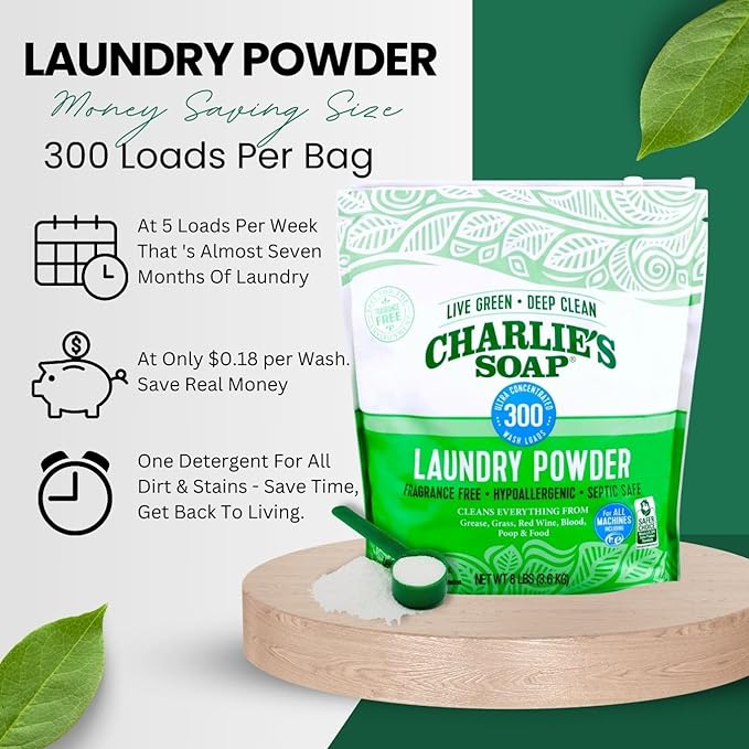 Charlie’s Soap Laundry Detergent Powder – 8 lb Bulk, Fragrance-Free, Hypoallergenic, Plant-Based, Biodegradable, Eco-Friendly, Deep Cleaning Powder for Sensitive Skin & HE Washers