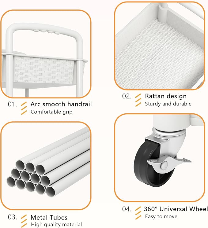 MOYIPIN 4-Tier Plastic Rolling Utility Cart with Handle,Utility Storage Cart for Office, Living Room, Kitchen,Movable Storage Organizer Shelves,White