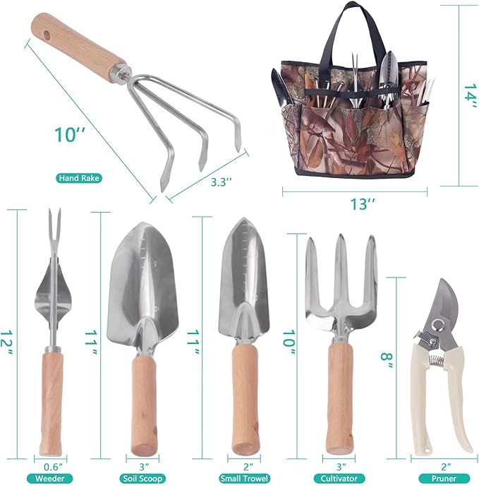 Garden Tool Set, 7 Pcs Floral Gardening Set for Women Leaf Camouflage Gardening Kit with Garden Tool Bag, Trowel, Weeder Fork, Hand Rake, Pruning Shears, Cultivator, Transplanter