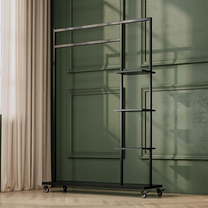 Clothing rack with shelves,Heavy Duty clothes rack with wheels,Rolling Garment Rack for hanging clothes with 4 flank Shelves,Portable Wardrobe Closets Organizer for Bedroom/Boutique/Cloakroom