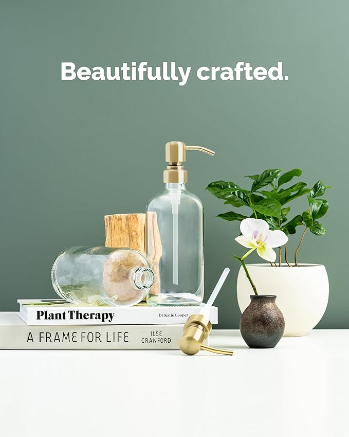 Vine Creations Clear Glass Soap Dispenser, 2 Pack Kitchen Soap Dispenser Set with Stainless Steel Pump, 16 oz Dish Soap and Hand Soap Dispensers for Bathroom with Waterproof Labels