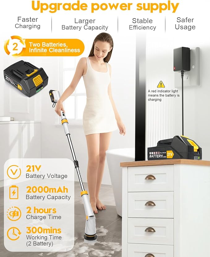 1200 RPM Powerful Electric Spin Scrubber with 8 Cleaning Brush, 2 Battery Cordless Shower Scrubber with 3 Speeds Display & 50inch Retractable Handle, IPX7 Waterproof Power Scrubbers for Deep Cleaning