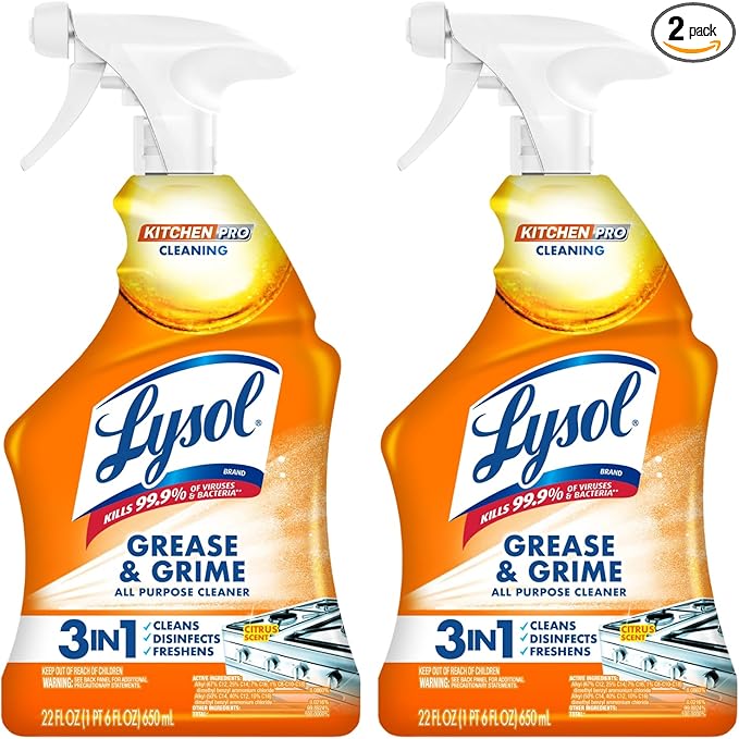 Lysol Pro Kitchen Spray Cleaner and Degreaser, Antibacterial All Purpose Cleaning Spray for Kitchens, Countertops, Ovens, and Appliances, Citrus Scent, 22oz (Pack of 2)