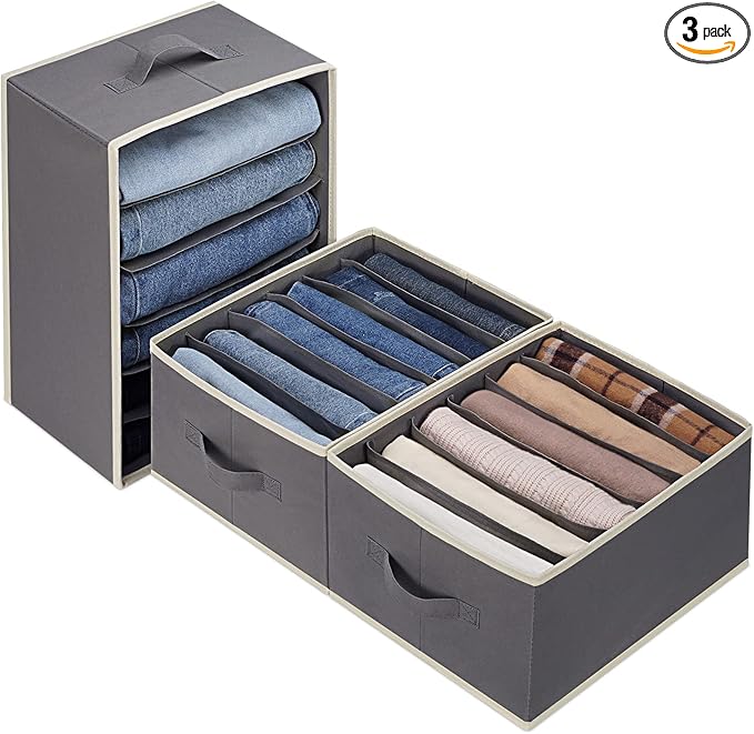 3 Pcs Large Size Wardrobe Clothes Organizers 6 Grids for Pants, Jeans, Sweater, T-shirt, Dress Stackable Closet Drawer Organizer Storage Bin Container with Sturdy Handles, Dark Grey