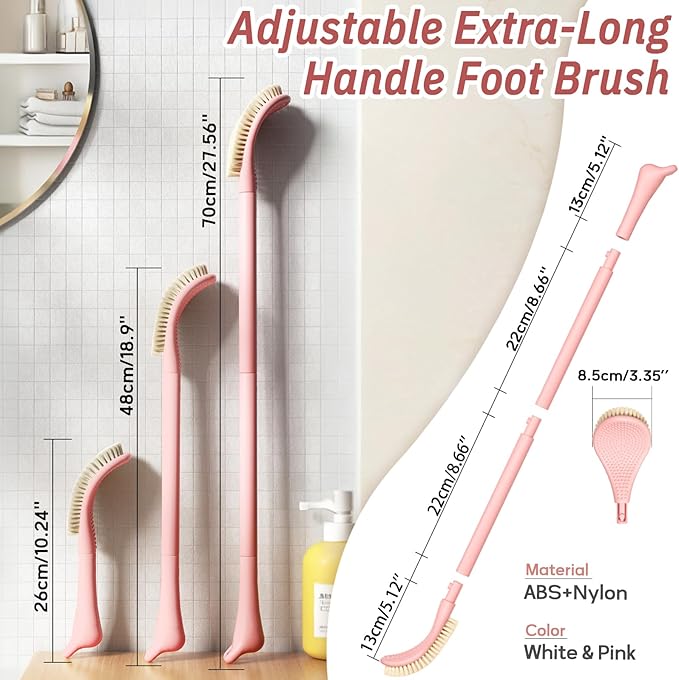 New Foot Brush & Foot File Set(2PCS), 3-in-1 Foot Scrubber in Shower, 10.2’’-27.5’’Adjustable Long Handle Foot Scrub Brush and Upgrade Foot File Callus Remover, Gift-Box Packed(Pink+Foot File)