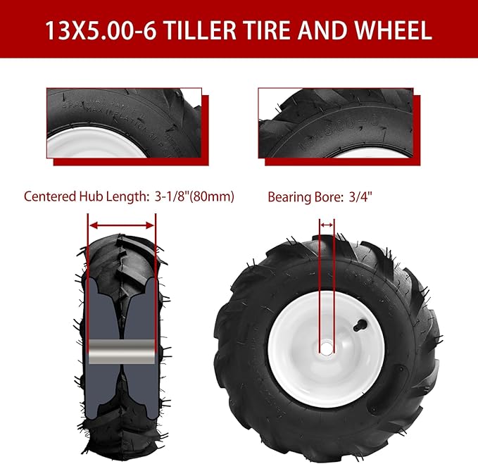 (2 Pack) 13x5.00-6" Tiller Tire and Wheel-Heavy Duty,3/4" Axle & 3-1/8" Centered Hub, Compatible with Craftsman, Troy-Bilt, Lawn Tractors & Tillers – Replacement for Garden, Farm, Landscaping