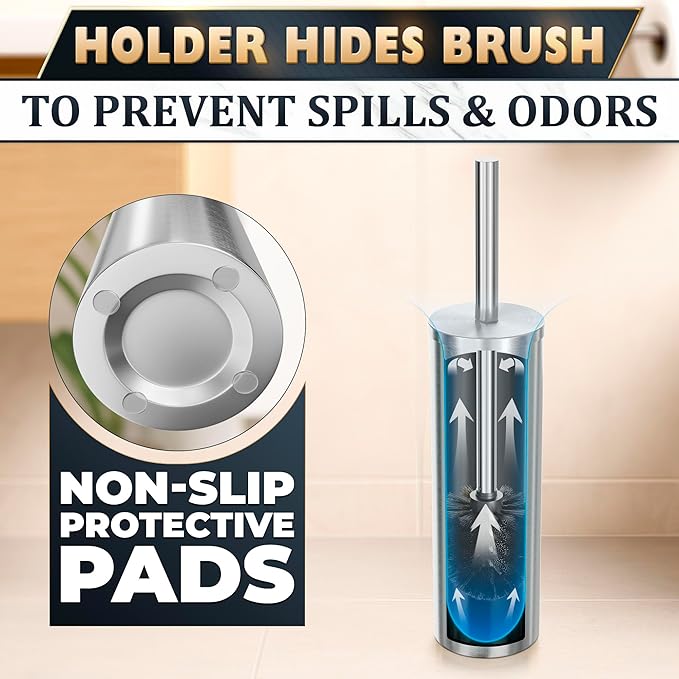 Stylish Stainless Steel Toilet Brush and Holder Set - Silver Toilet Bowl Brush and Holder with Splash Cover, Sturdy Bristles, Corrosion & Scratch Resistant - Elegant Design, Effective Deep Cleaning