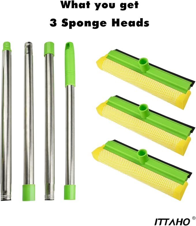 ITTAHO Window Squeegee, Squeegee for Window Cleaning, 2 in 1 Squeegee Window Cleaner with 58'' Long Handle,Window Washing Kit with Extension Pole for Shower, Windshield, Mirror, Gas Station, Glass