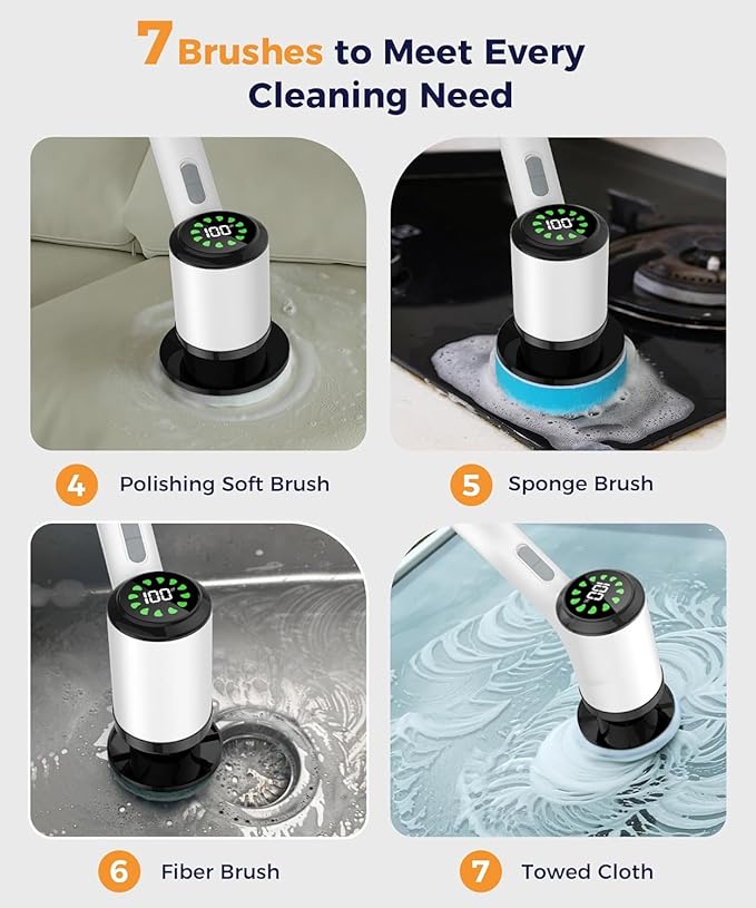 Electric Spin Scrubber, Cordless Cleaning Brush, Bathroom Shower Scrubber with 7 Replaceable Brush Heads, 2 Adjustable Speeds, Extension Handle, IPX7 Waterproof for Tub Tile Floor Car13.