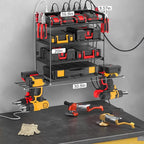 CCCEI Garage Tools Storage with Charging Station. Power Tool Battery Organizer Utility Shelf with Power Strip. 4 Drills Holder Wall Mount Rack, Black 4 Layer.