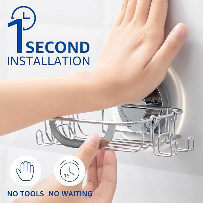 Soap Dish Soap Bar Holder Suction Cup with 4 Hooks, Stainless Steel Soap Saver Tray for Shower Wall, Bathroom, Kitchen, Rustproof No Drilling Bar Soap Holder, Silver