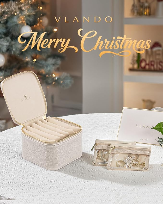 Vlando Jewelry Travel Case,Travel Jewelry Organizer with Clear Velvet Jewelry Bags 6Pcs Zipper Pouch for Women Girl Birthday Gift-White