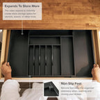 Premium Silverware, Flatware and Utensil Organizer for Kitchen Drawers, Food-Safe Contract Grade, Expandable from 16 to 28 In, Black Bamboo