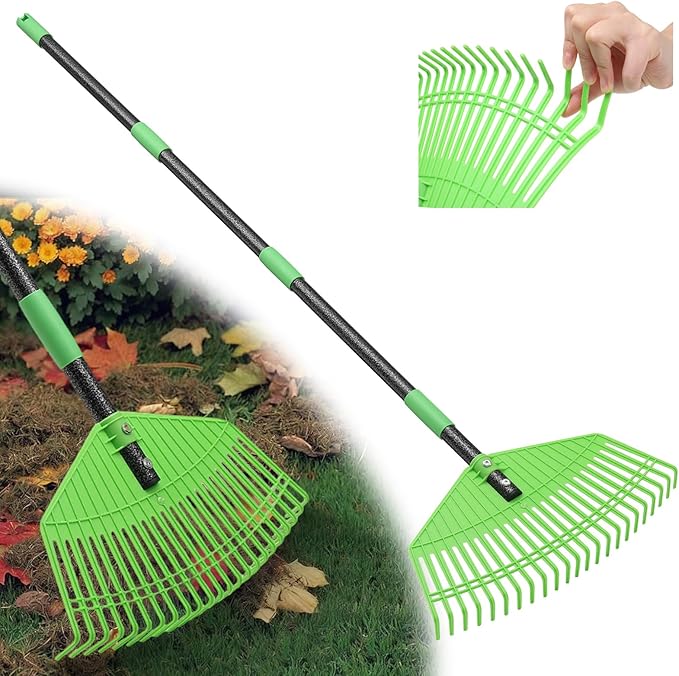 Adjustable 80'' Garden Rake with Metal Handle – Plastic Head Gentle on Grass for Cleaning Leaves, Pine Needles & Lawn Debris, Lightweight Yard Rake for Women, Seniors & Kids