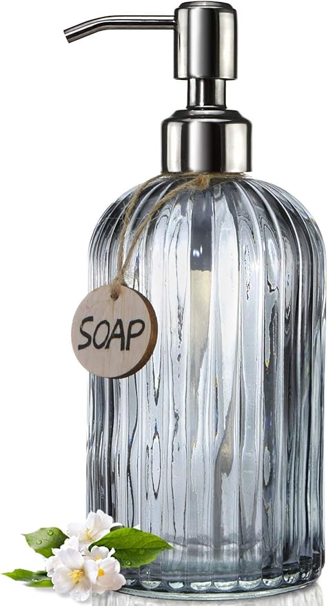 JASAI 18 Oz Vertical Stripes Kitchen Soap Dispenser with 304 Rust Proof Stainless Steel Pump, Refillable Liquid Soap Dispenser for Bathroom, Kitchen, Hand Soap, Dish Soap (Clear Grey)