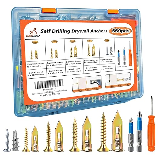 560PCS Self Drilling Drywall Anchors with Screws Kit,5-Sizes Metal Expansion Bolt for Dry Wall,280 PCS Sheetrock Anchors and 280 PCS Screws-No Drill Needed