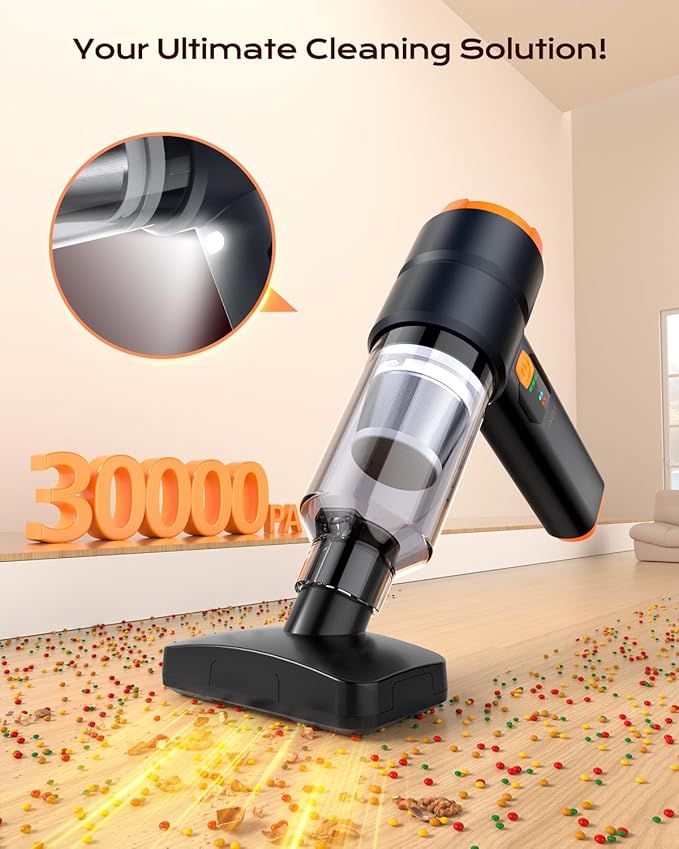 Car Vacuum Portable Cordless, Handheld Vacuum Cordless with 30000PA Suction, 130000RPM, 6800mAh Battery, 10 Nozzles, Rubber Paint Material for Car, Home, Pet Cleaning（Charcoal Black）