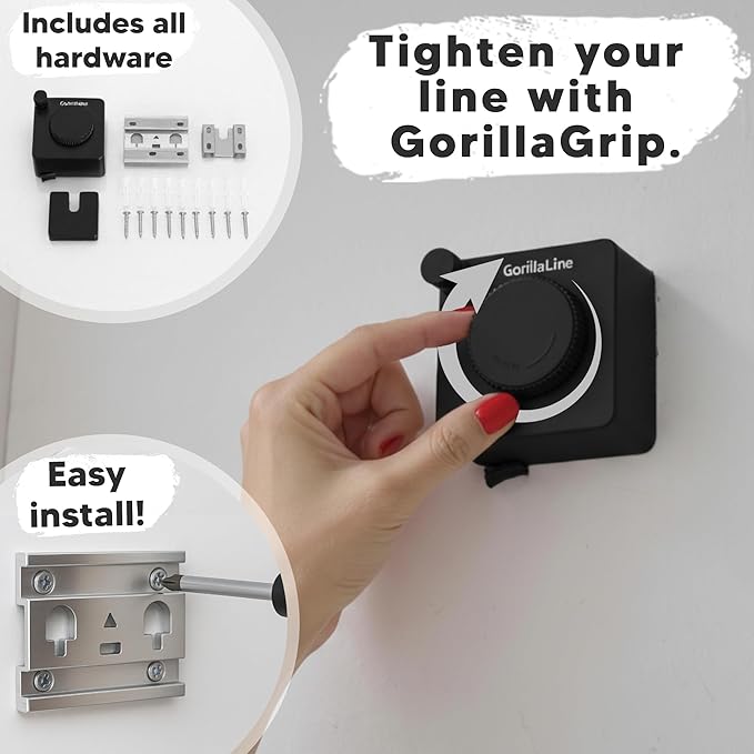 GorillaLine Basic - Retractable Clothesline Indoor Outdoor Clothes Line - Heavy Duty Clothes Drying Laundry Line - Wall Mounted Drying Rack - Air Dry Clothing - 15ft line Max Tighten with GorillaGrip