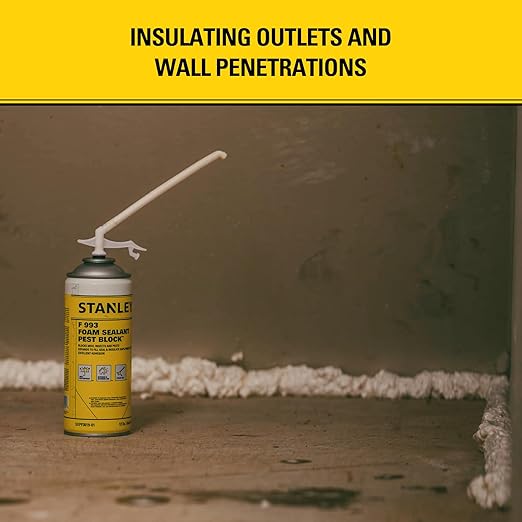 Stanley F993 Expanding Foam Sealant Spray – (1x12oz) Gaps & Cracks Filler, PestBlocker for Indoor/Outdoor Use – Paintable, Waterproof, Polyurethane Insulation Foam with Straw Applicator | 1 Pack